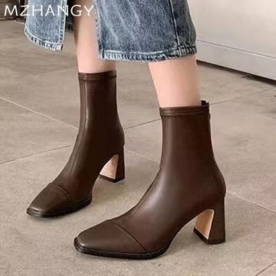 Женские кожаные ботильоны с квадратным носком, элегантные туфли на высоком каблуке, женская мода 2025 года, новые туфли на высоком каблуке, мотоциклетные ботинки Mujer