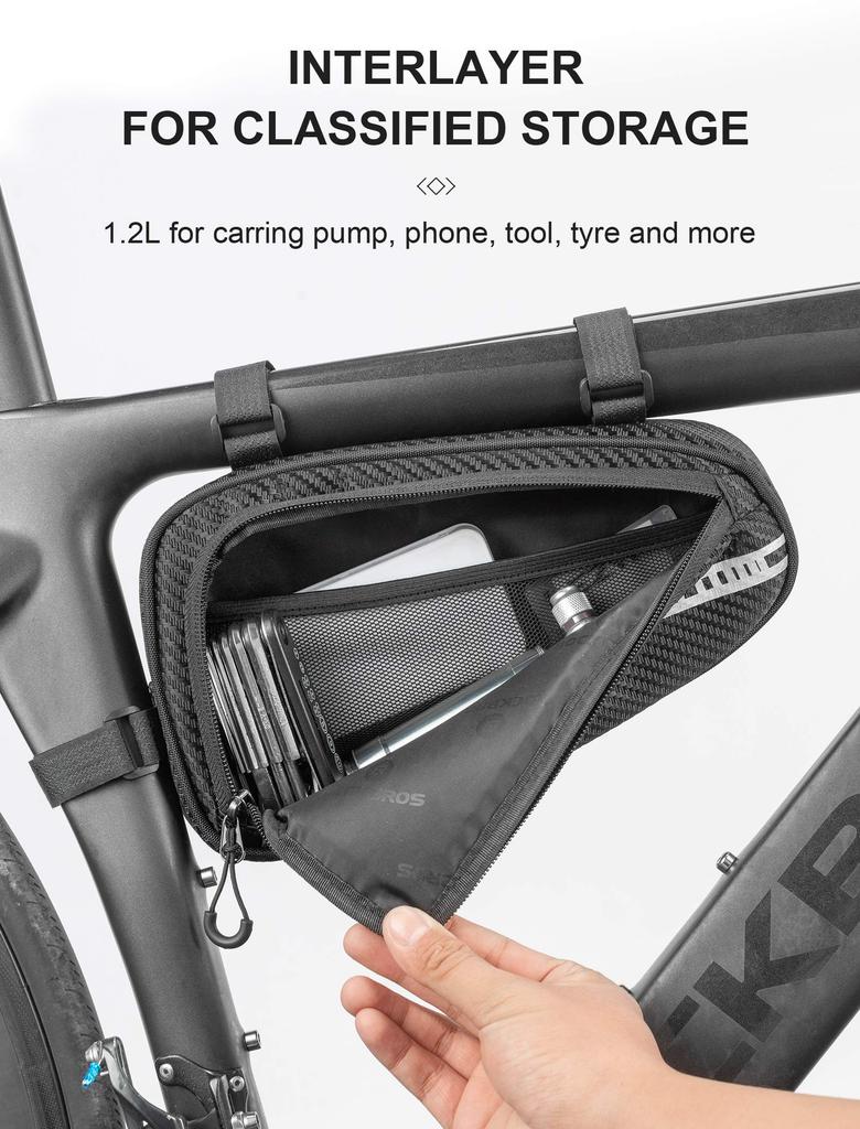 ROCKBROS Bicycle Frame Triangle Bag for Road with Small Item Compartments and for Ample Storage Bag, Bikes, 1.2L Capacity, Knee-Friendly, Dividers,