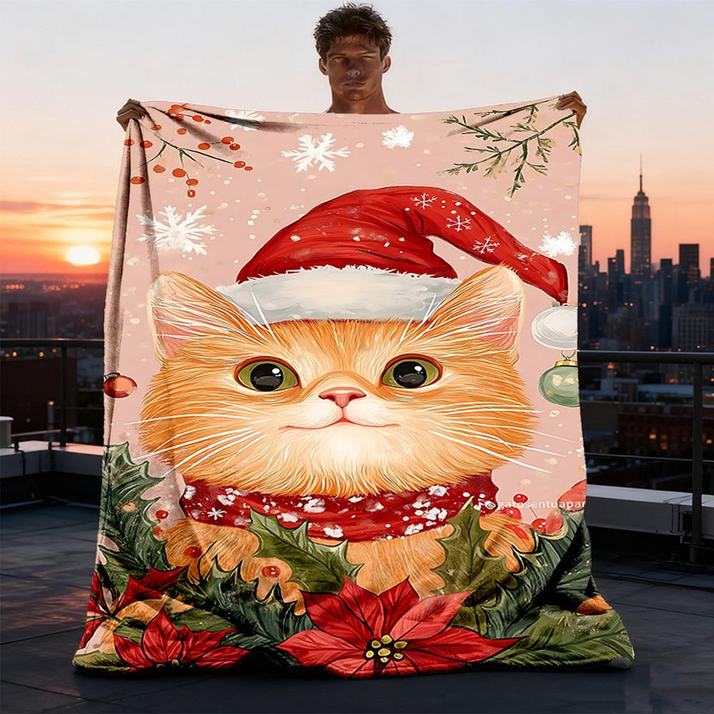 1pc Christmas Cat Decorations Outdoor Flannel Blanket , Machine Washable Perfect Gift for Birthday , Holiday Travel Accessory , Durable Material