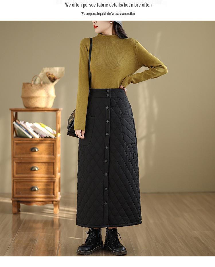 Женская юбка А-силуэта с завышенной талией, очень длинная, ветрозащитная, на пуху, из хлопка - Утепленная, на пуговицах, большого размера, зимний стиль