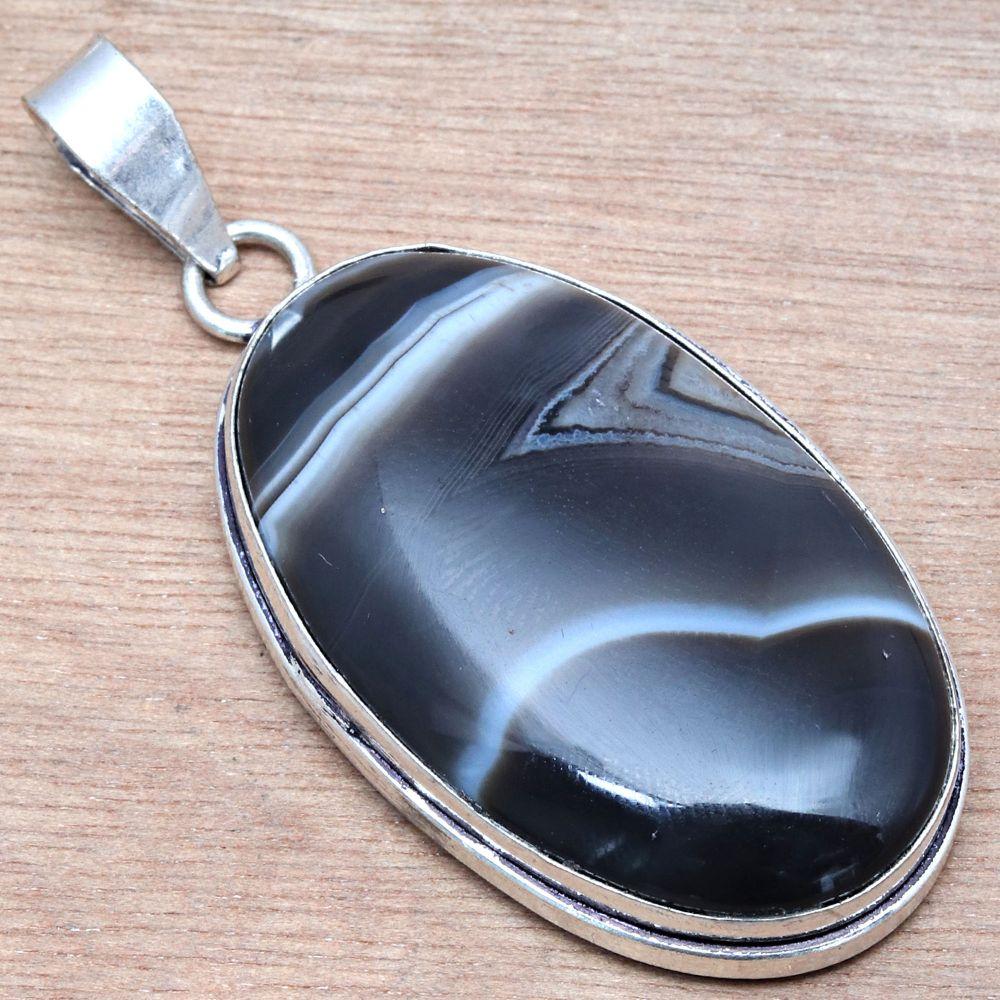 Pendant Gray Botswana Agate Gemstone Handmade Silver Jewelry 2.25"