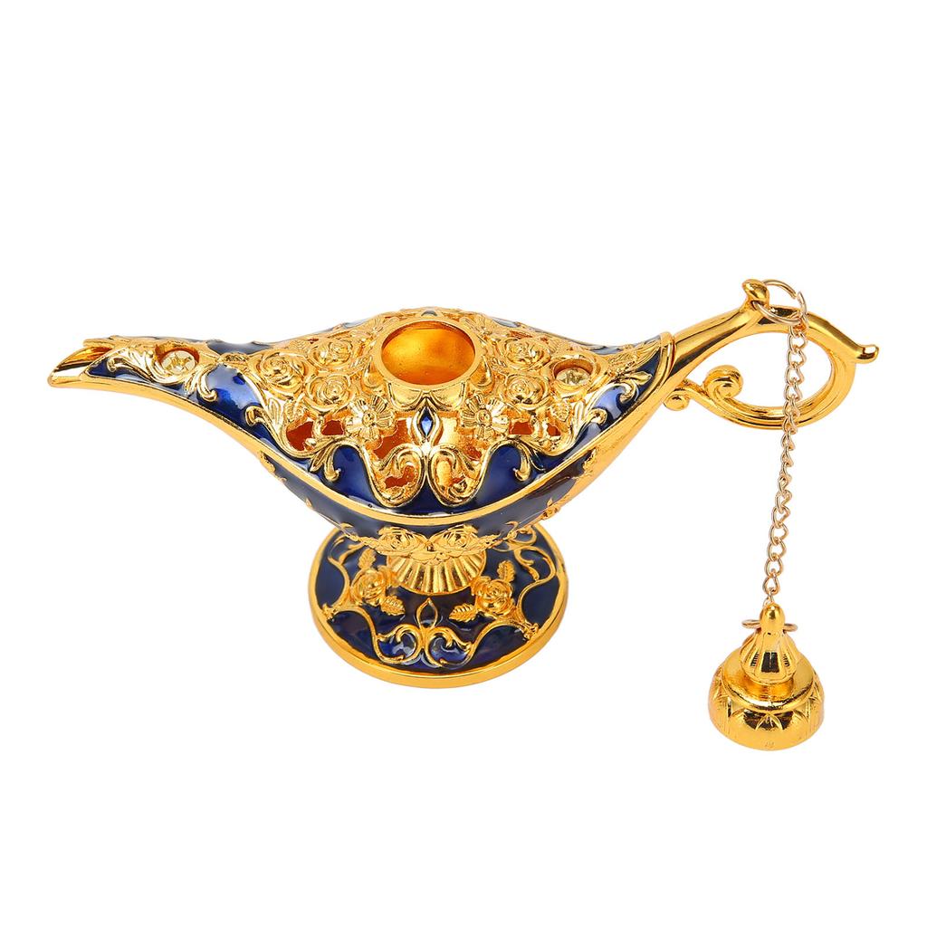 Genie Lamp Vintage Decoration Collectable Rare Small Zinc Alloy Legend Genie Light Gold Sapphire Blue