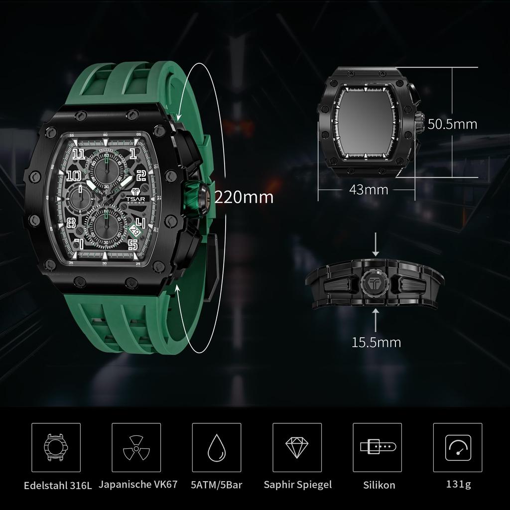 Часы TSAR BOMBA 50M Водонепроницаемые часы Простые и классические часы с циферблатом Tonneau Роскошный силиконовый ремешок из сапфирового стекла и корпус с японским механизмом для мужчин