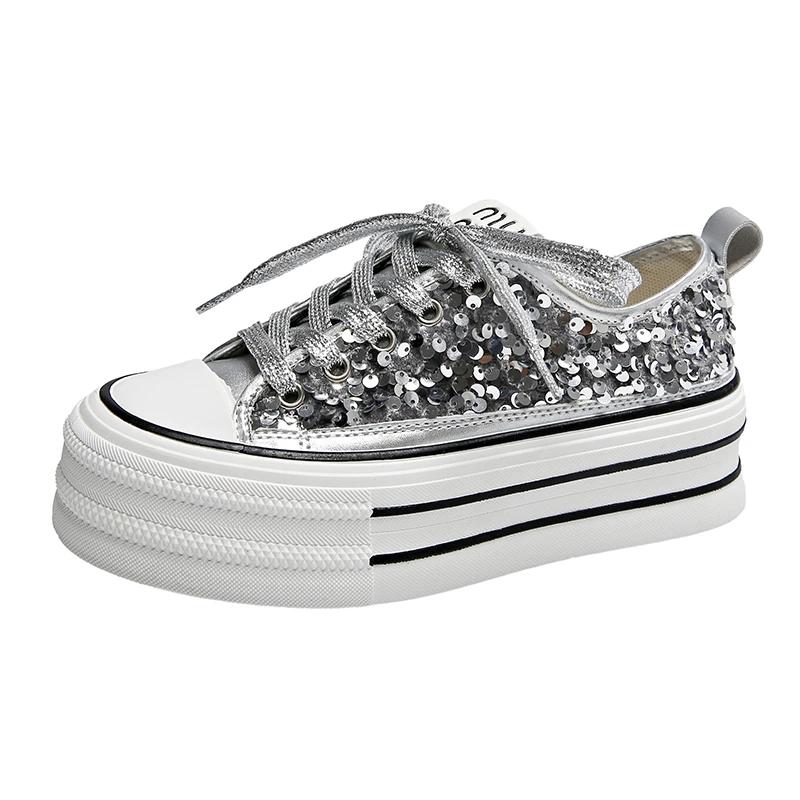 Женские парусиновые туфли Весна и Осень Новые Блестки Толстая Подошва Увеличивающие Рост Вулканизированные Повседневные Беговые Женские Туфли