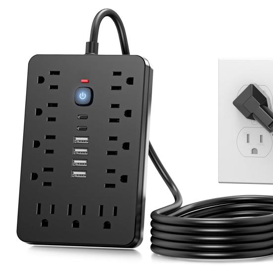 Сетевой фильтр 17-в-1 с 11 розетками, 6 портами USB, защита от перегрузки, ультратонкий