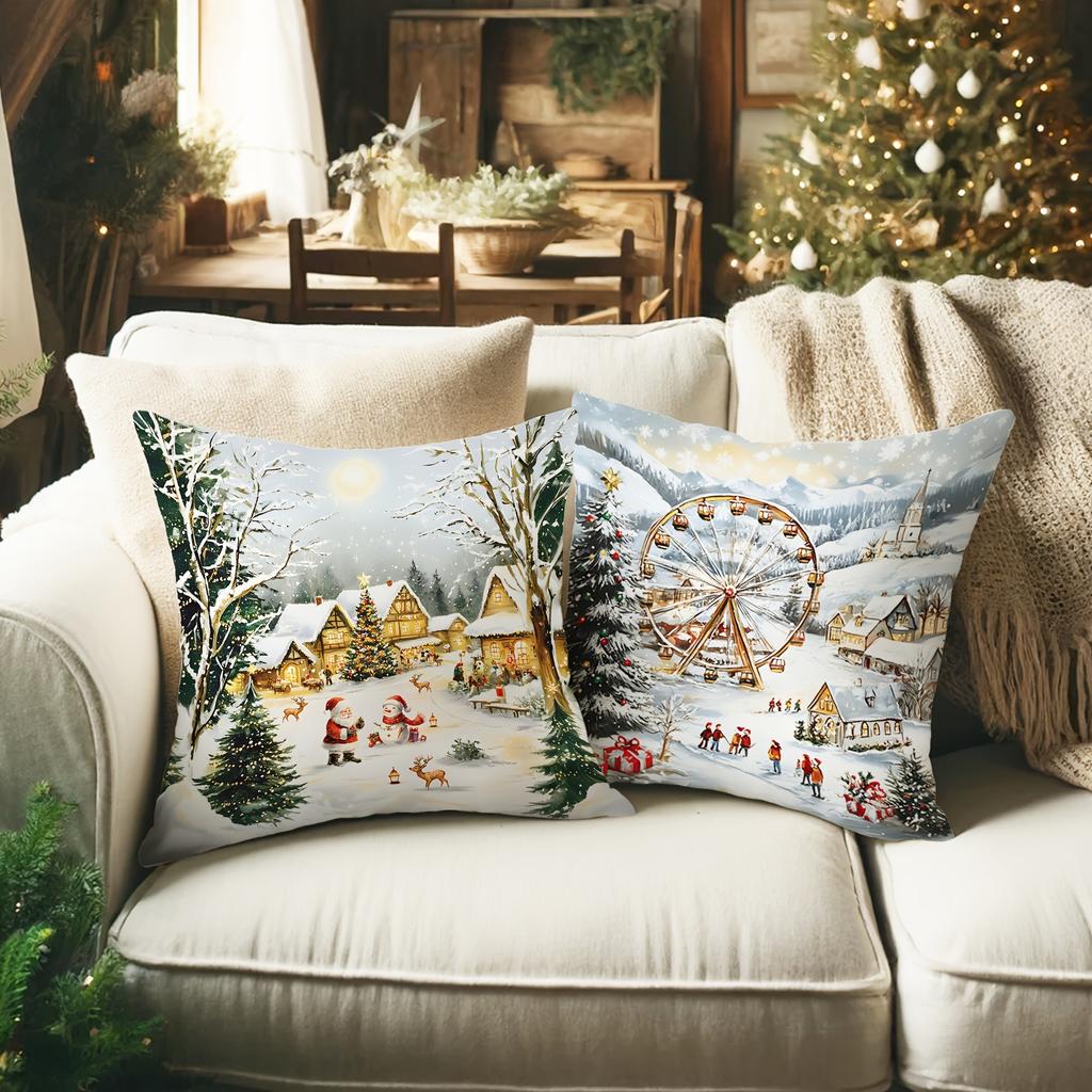Festive Christmas Scene Pillowcases: Winter Wonderland Designs for Cozy Holidays Sofas, Bedroom Pillow Covers, Holiday Gifts