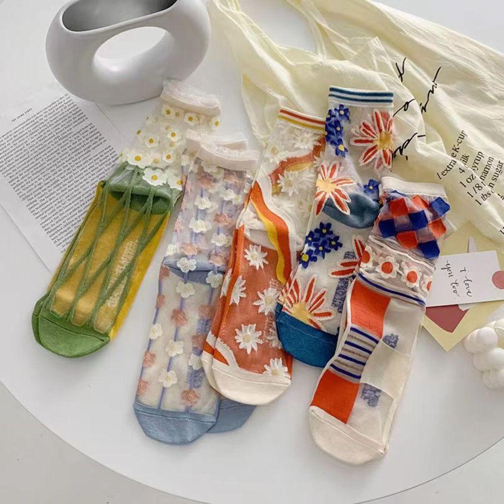 Sweet Floral Print Mid-calf Socks Ultra-Thin Crystal Silk Socks Casual Wear