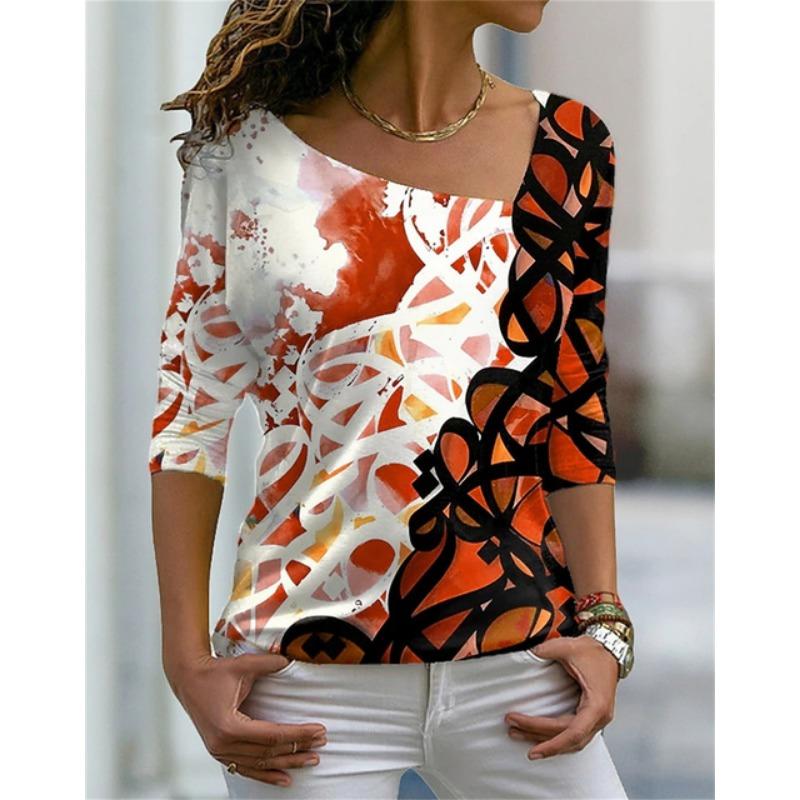 Женская футболка с характерным диагональным вырезом и нерегулярным цветочным принтом, цифровая 3D-печать, женская одежда, модная уличная женская футболка в стиле Харадзюку
