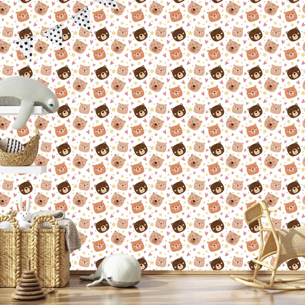 Bear Wallpaper white, cream, peach and orange 50x1000