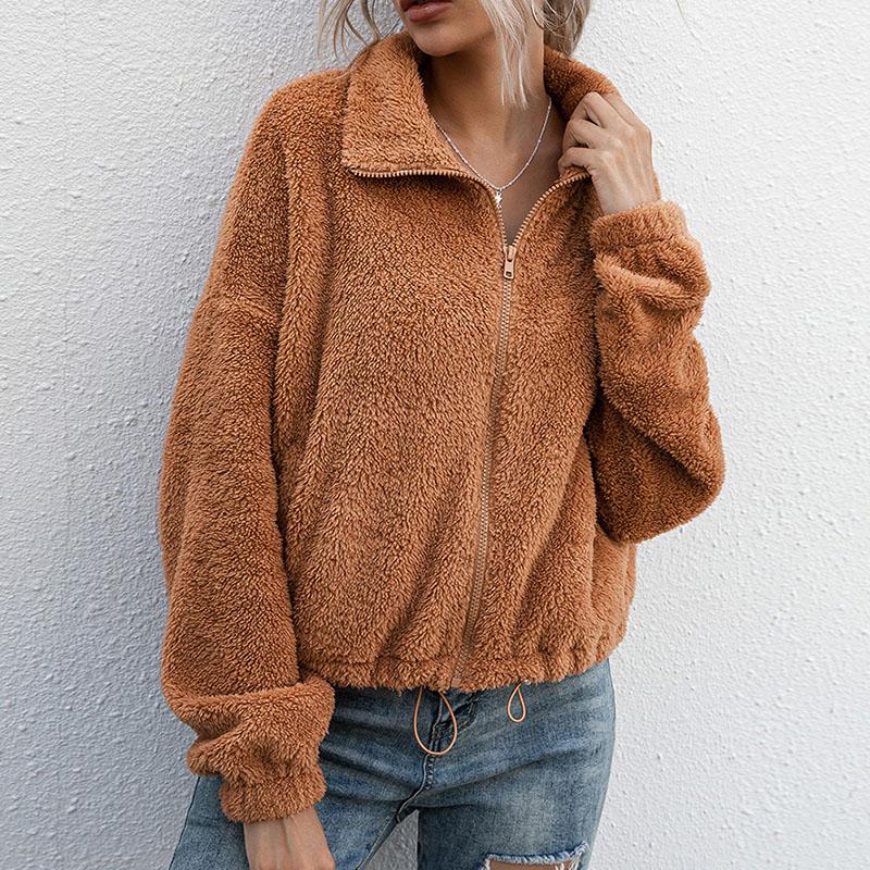 Повседневная молния из овечьей шерсти короткие пальто женские однотонные с длинными рукавами и лацканами мягкая плюшевая куртка осень-зима на молнии верхняя одежда