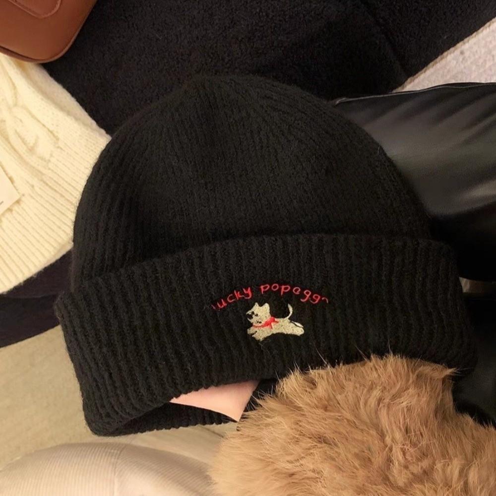 Cute Puppy Embroidery Winter Knitted Hat Thicken Winter Warm Beanie Cap Windproof Soft Crochet Bonnet Hat