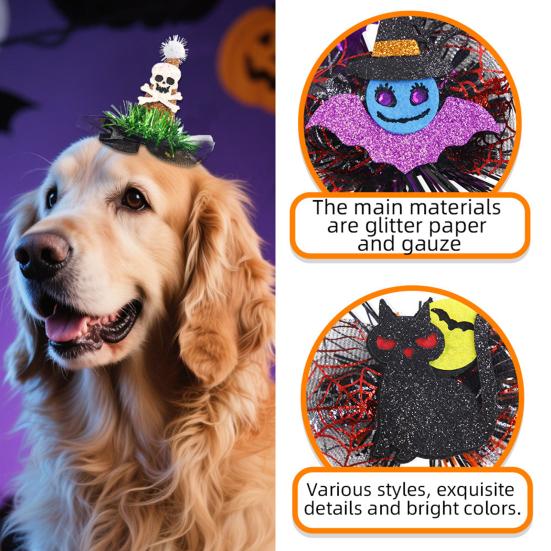 Yousheng 1 Pair Halloween Dog Barrettes Witch Hat Pet Hair Clip Felt Skull Gauze Cobweb Hair Accessories for Puppy Cats Festive Dress-up