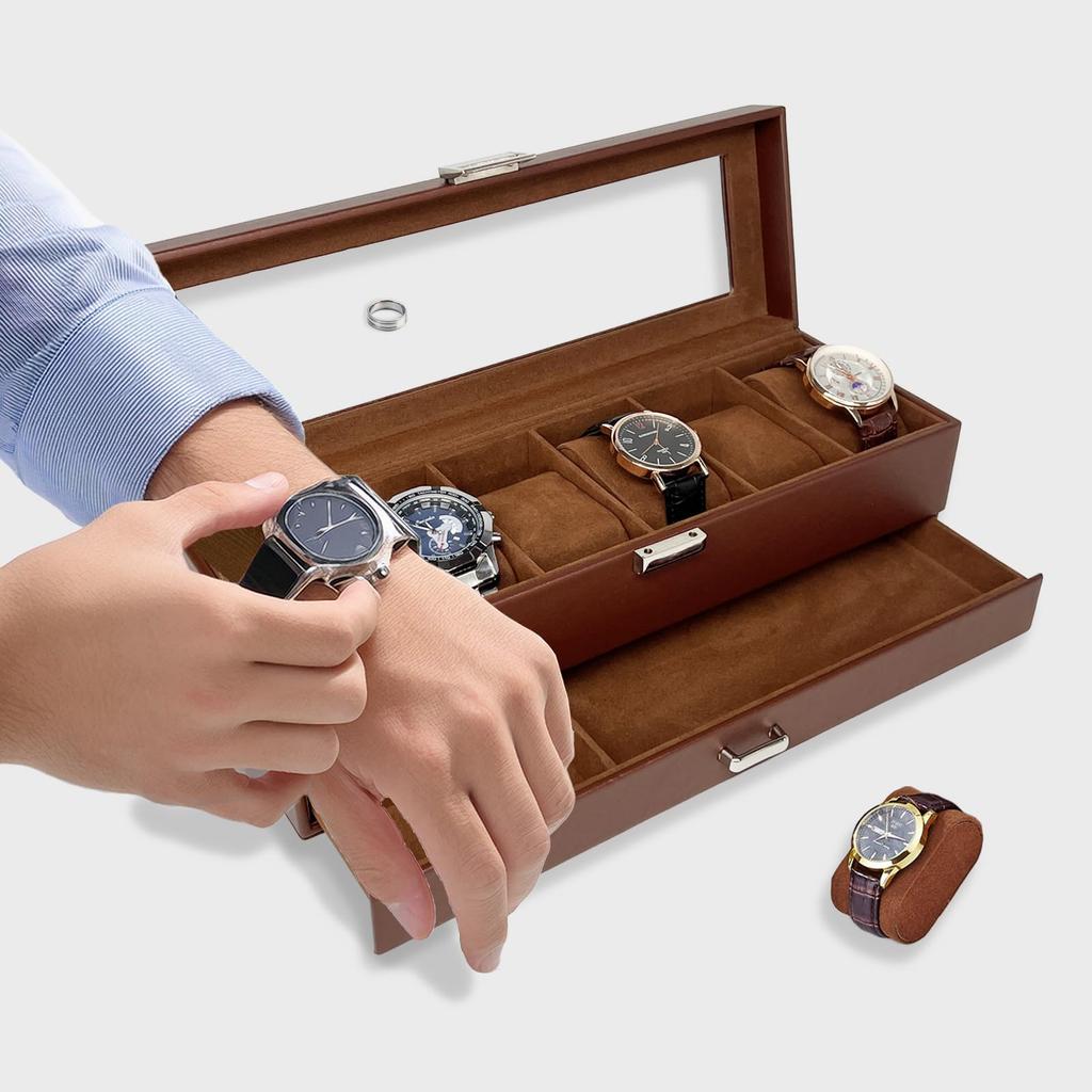 Mocamoro Часы Вмещает 6 Часов Коллекция Роскошных Часов для Подарочный Кейс из Прозрачного Стекла, Часы, Двухъярусная Коробка, Мужские, Топ, Дисплей,