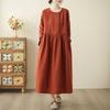 Spring Cotton and Linen Long-sleeved Dress Literary National Style Washed Lace-up Thin Brick Red Women's Dress