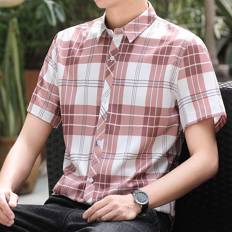 Мужская рубашка с короткими рукавами, новая летняя повседневная рубашка в клетку, тонкая трендовая красивая рубашка с карманами