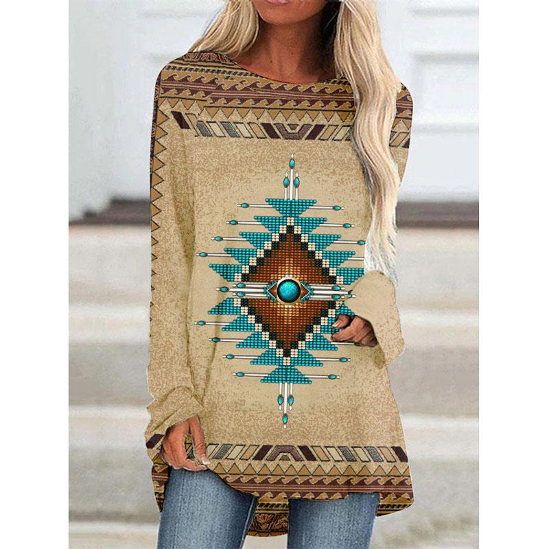 Футболки с длинным рукавом с принтом Western Aztec Ethnic 3D, богемные женские винтажные модные футболки, свободные уличные женские футболки, топы