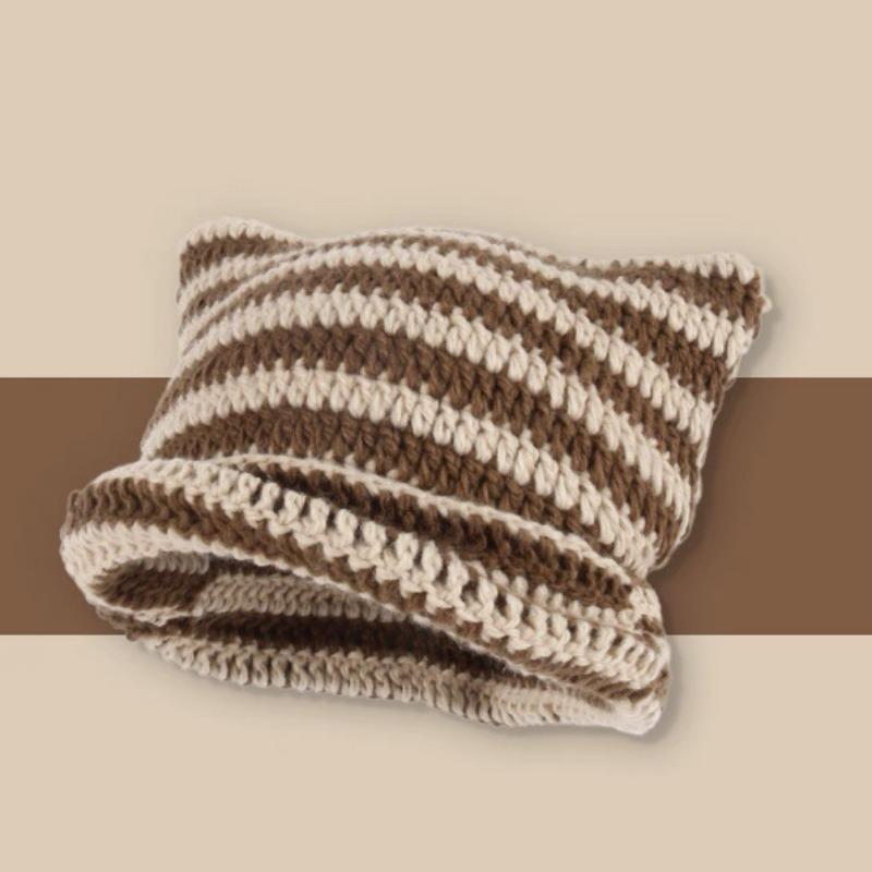 Осенне-зимняя шерстяная шапка в полоску с изображением японского дьявола, теплая вязаная шапка-пуловер с ушками кошки, зимняя шапка