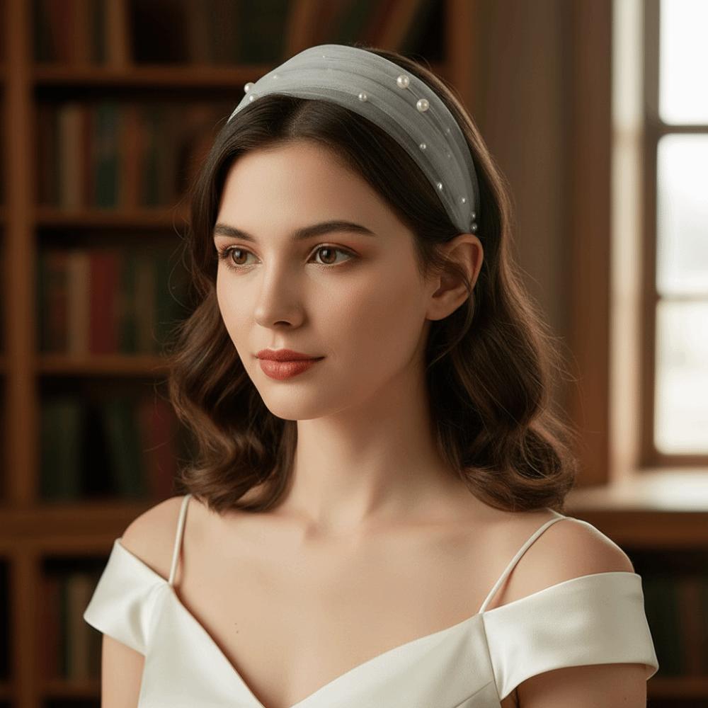 Hair Ornament Brides Beaded Hairband Pearl Ribbon Pearl Headband Elegant Detachable Bridal Veil