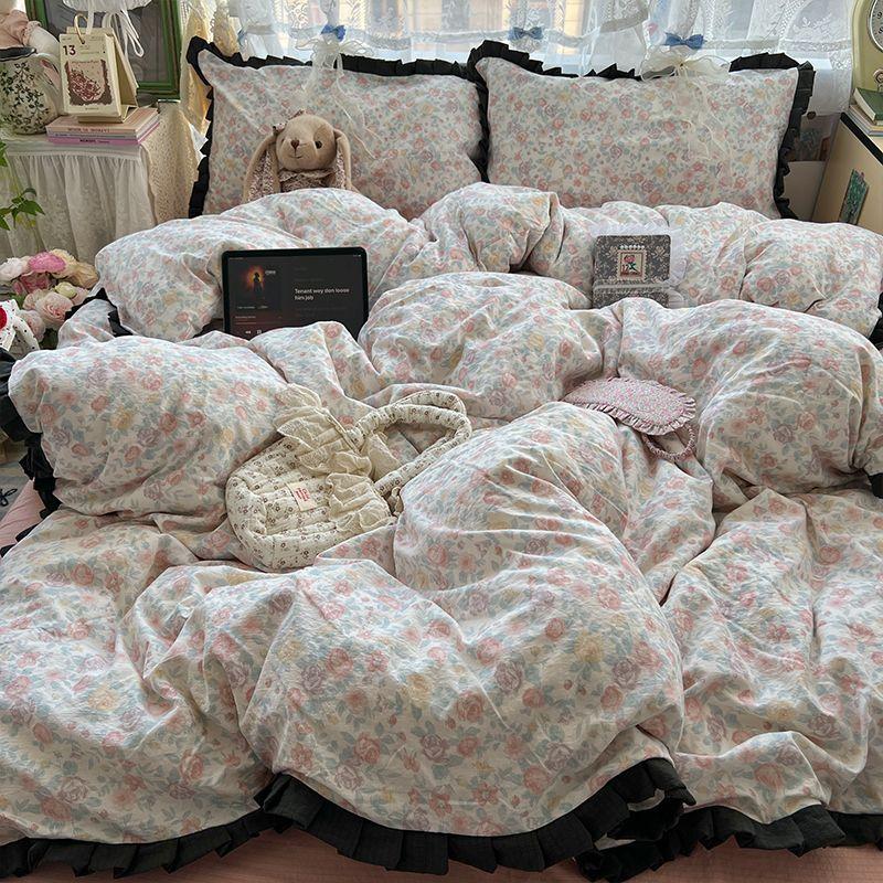 Class A Maternal Infant Grade Wrinkled Cloud Double-Layer Yarn Lace Quilt Cover, Bed Sheet 4-Pcs Set, Student Dormitory 3-Piece Set