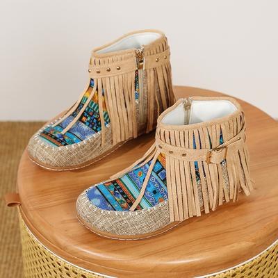 Мода 2025 Осень Нишевый Национальный Стиль Кисточки Короткие Сапоги для Женщин Повседневные и Удобные Универсальные На Толстой Подошве Женские Короткие Сапоги