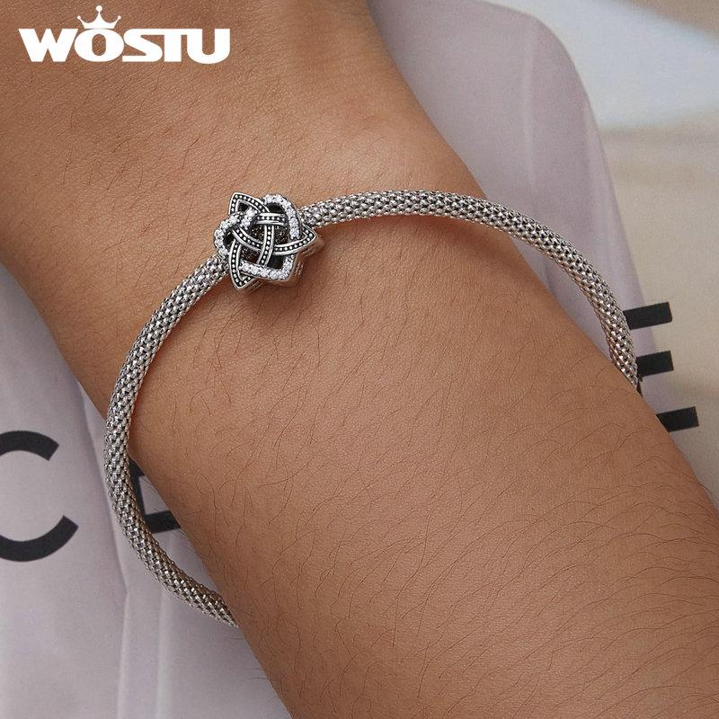 WOSTU 100% 925 Sterling Silver Celtic Knot Heart-Shaped Retro Charms Beaded For Women Fit Original DIY Bracelet Necklace Jewelry