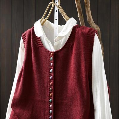 Women Vintage Pullover Sweaters Solid Color O-Neck Sleeveless Knitted Autumn Loose Casual Sweaters