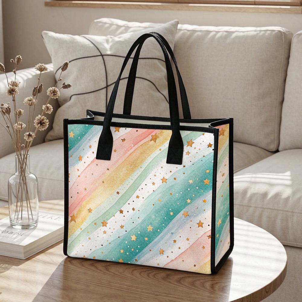 Women Rainbow Star Print Tote Casual Large Capacity Handbag for Daily Shopping Travel