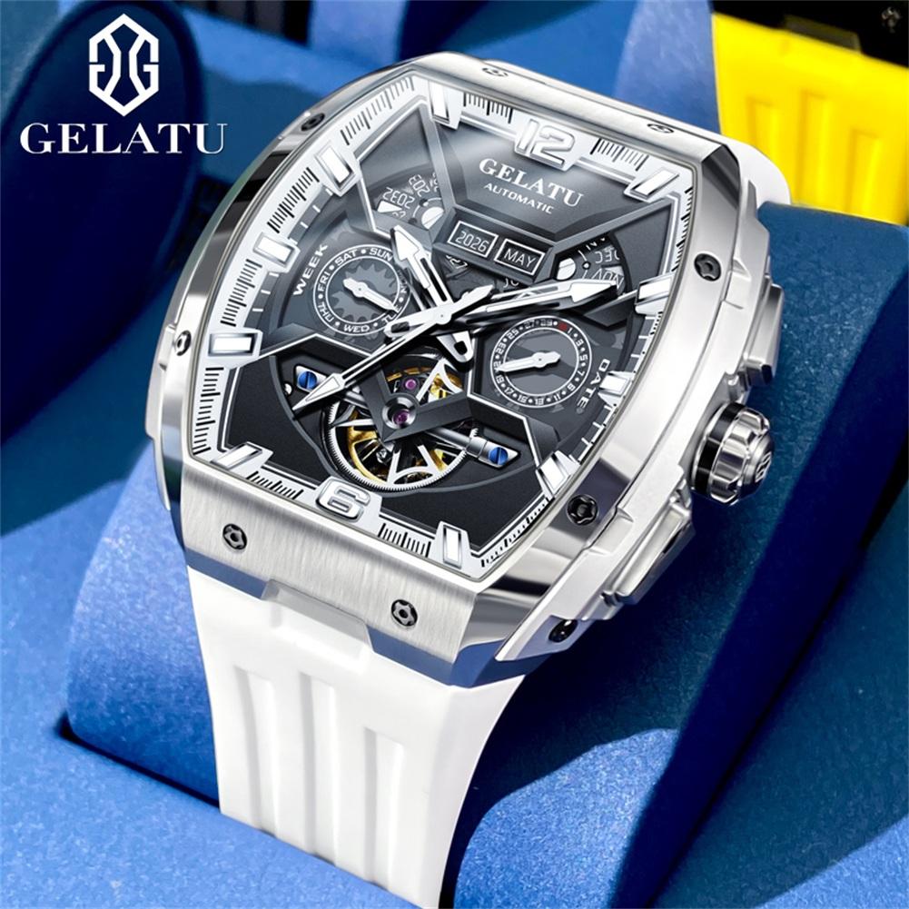GELATU Automatic Men's Watches Original Silicone Strap Luxury Hollowed Dial Date Week 5Bar Waterproof Mechanical Man Watch 6013