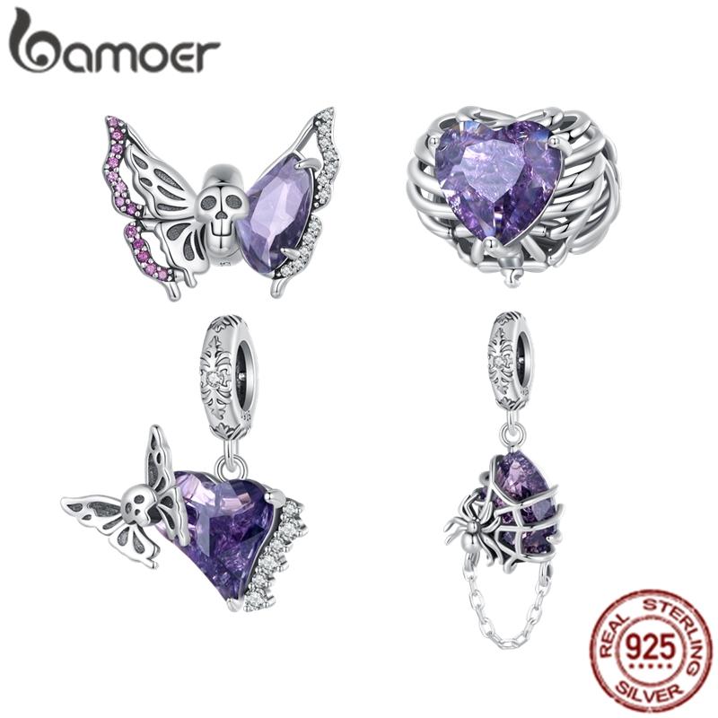 BAMOER Стерлингового Серебра 925 пробы Скелет Сердце и Бабочка Шарм Бусины Череп Бабочка Силиконовый Подвеска для Женщин Браслет DIY Ювелирные Изделия