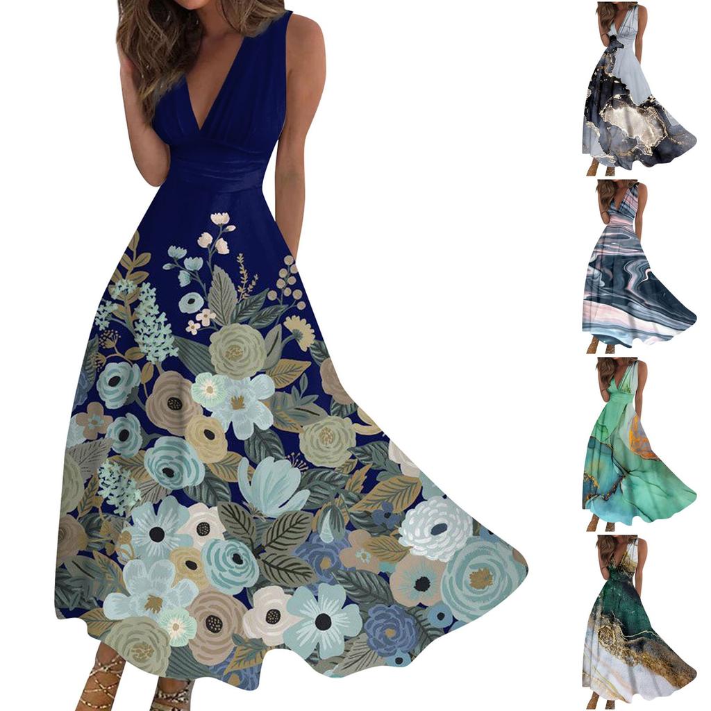 Женское длинное платье Платье макси Повседневное платье Летнее повседневное платье без рукавов с v-образным вырезом в стиле бохо с талией и принтом