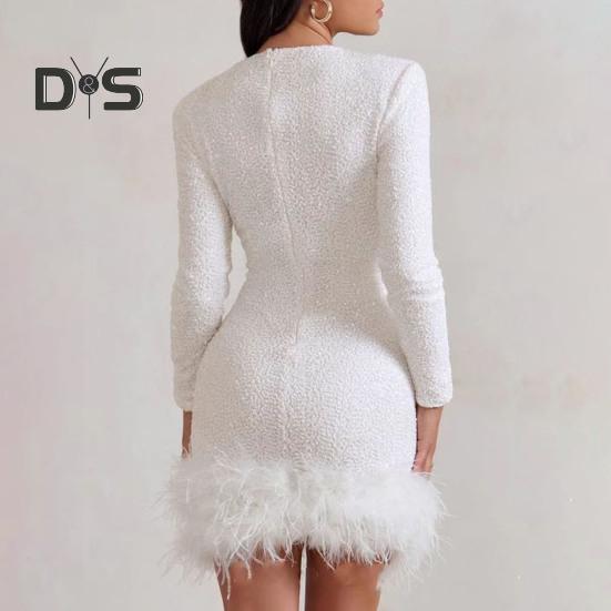Женское мини-платье с отделкой из пайеток и перьев, сексуальное облегающее платье с длинным рукавом, блестящее коктейльное платье для вечеринки по случаю дня рождения, клубной ночи