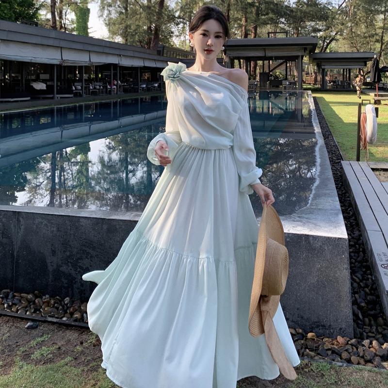 Французский темперамент Высококачественное платье для отпуска с воротником-бандо Мятно-зеленое Весна-Лето Защита от солнца