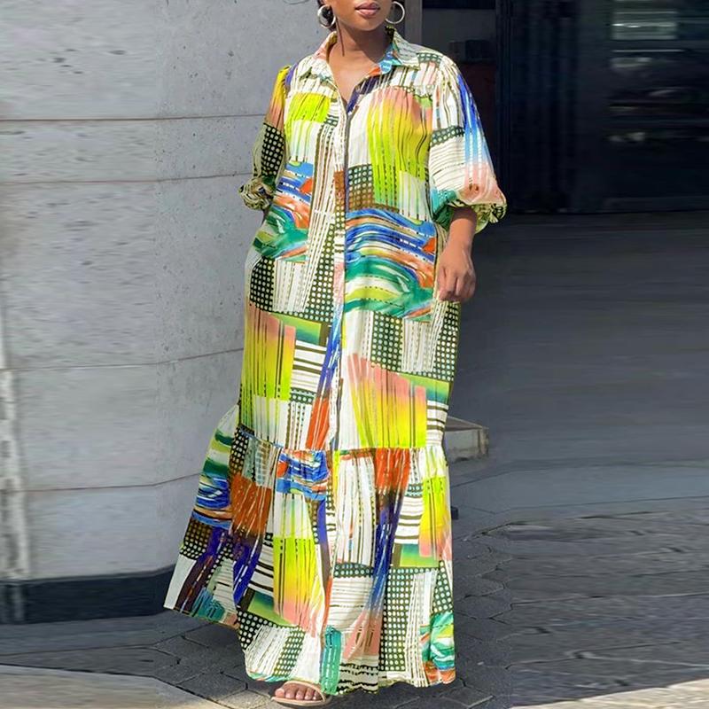 Women's Plus Size Shirt Collar Puff Long Sleeve Printed Loose Dress