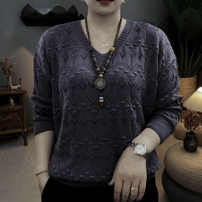 Модная блузка-свитер в западном стиле с V-образным вырезом, ажурная, тонкая, с темпераментом, универсальная, с длинным рукавом, осенняя