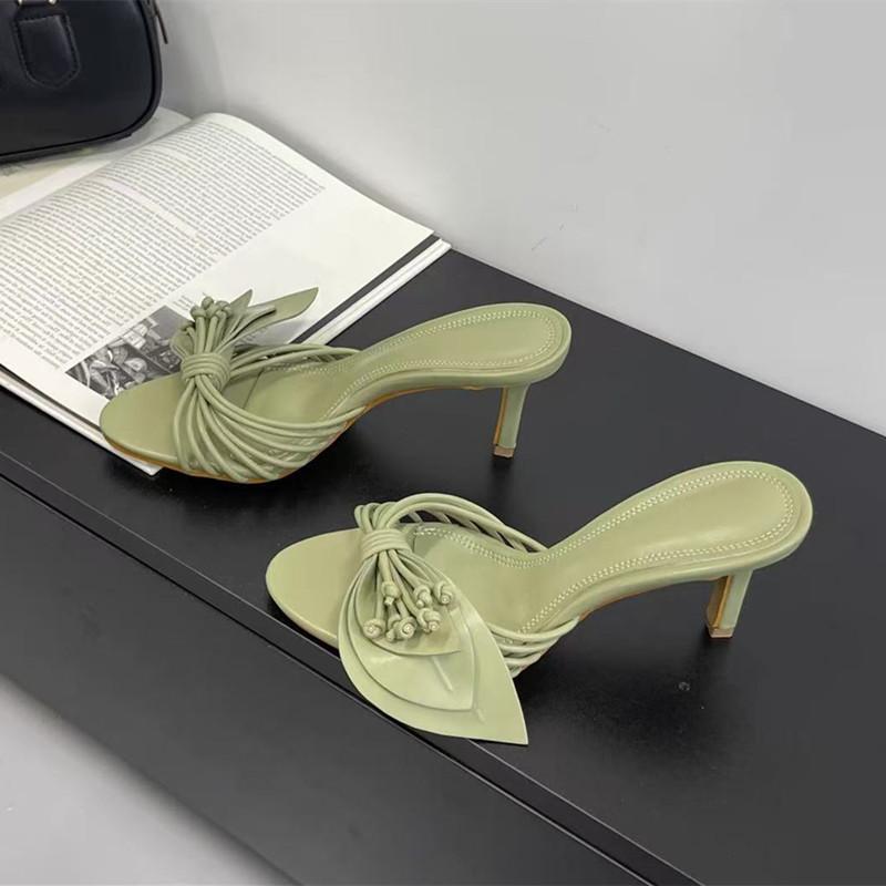 Ins style Bowknot Narrow band Women Slippers Sandals Elegant Summer High heels Mules Slides Female Party Dress Shoes