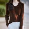 Женские свитера, пуловеры 2025 Осень-Зима Длинный рукав V-образный вырез Черный вязаный свитер Женские топы, пуловер JJ122