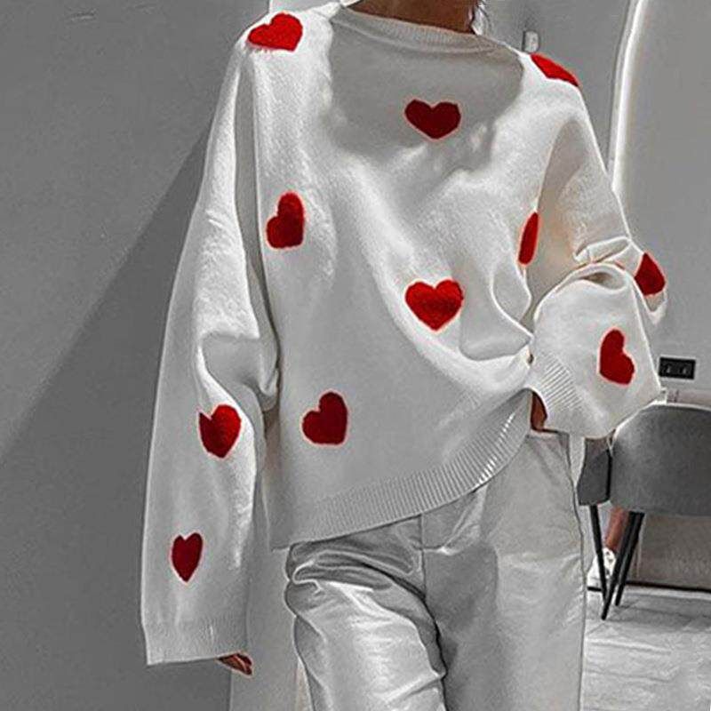 and Winter New Embroidered Heart Sweater for Women, Popular on Social Media, European and American Style Knitted Pullover, Cross-Border Amazon Ins