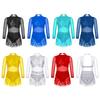 Girls Mesh Long Sleeve Dance Dress Round Collar Shiny Sequins Hollow Back Patchwork Tassel Design for Performances