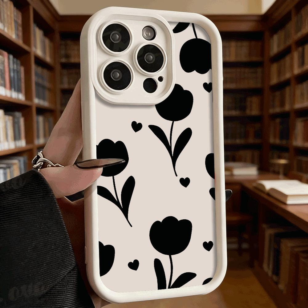 Black Tulip Flower Pattern Luxury Anti-Slip TPU Phone Case For Xiaomi Redmi Note 15 14 13 12 11 10 9 Pro Full Protective Cover