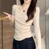 Women's Button Side Wrap V Neck Ribbed Long Sleeve Slim Fit Top Bottoming Shirts for Girl Fashion Tops