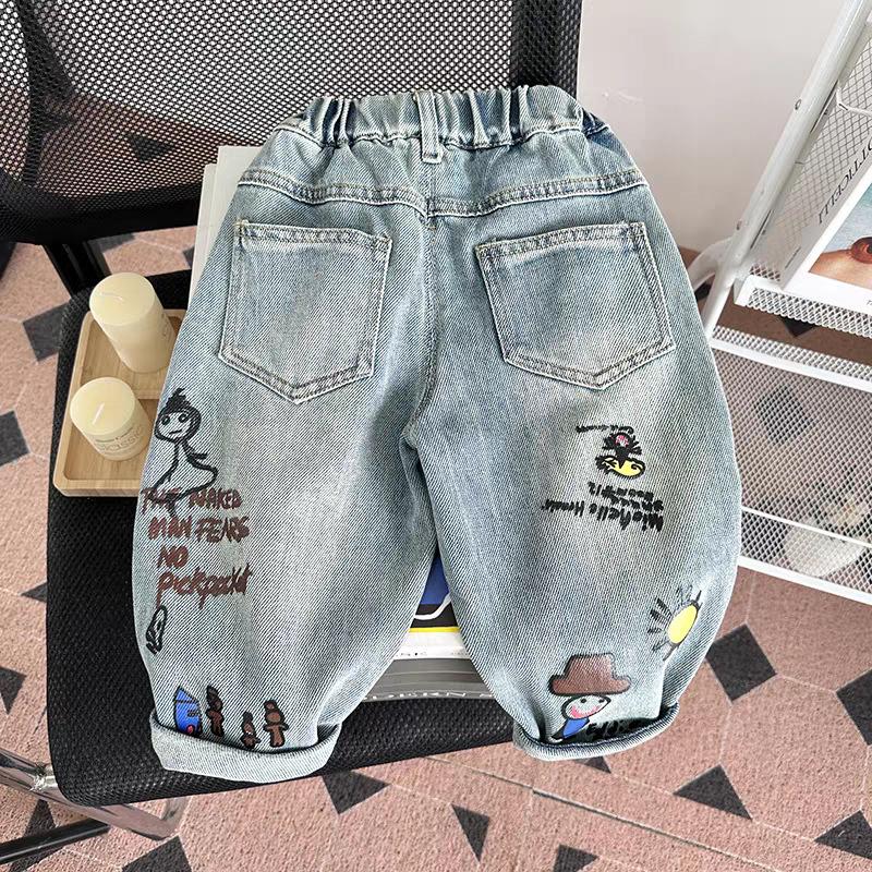 Spring Autumn Kids Soft Cotton Denim Jeans Boys Girls Loose Big PP Pants With Open Crotch Design