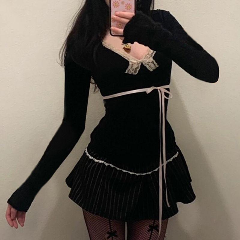 Милые футболки Kawaii для женщин в стиле Koeran, сексуальные кружевные лоскутные банты, повязки с длинным рукавом, тонкие футболки, топы
