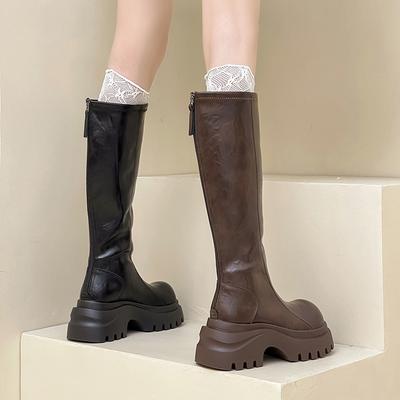 Корейская версия универсальных женских рыцарских ботинок с круглым носком, на толстой подошве, с высоким голенищем, осенние модные ботинки, облегающие ботинки Майяр