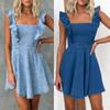 Женские летние джинсовые платья, повседневные оборки на тонких бретельках, джинсовое мини-платье с открытой спиной