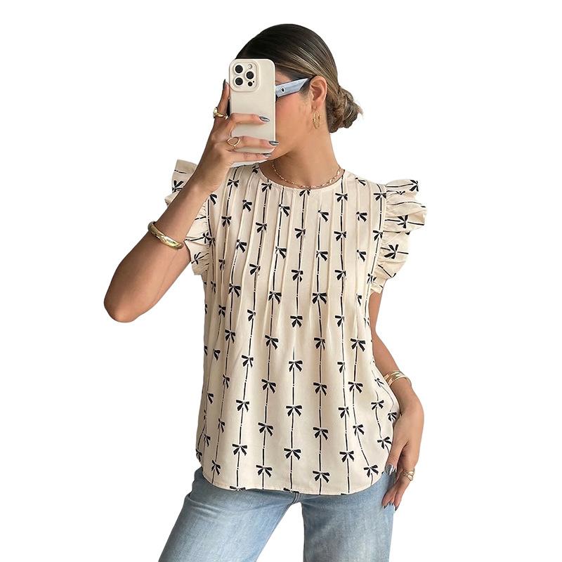 Women's Bow Peplum Tops Summer Vacation Outfits Cute Ruched Ruffle Sleeve Babydoll Blouse Flowy Shirt