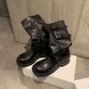 Height Increase of 6cm~ 2025 Spring and Autumn New Fashionable Belt Buckle Square Round Head Pleated Medium Tube Knight Boots Women's Autumn