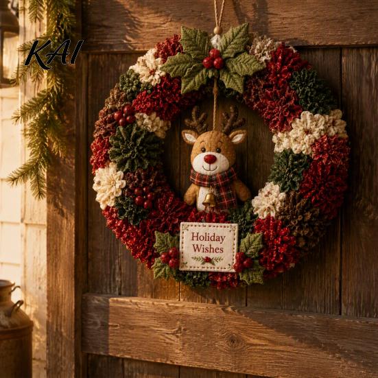 Tree Poke Art Wreath DIY Christmas Kit, 3D Fabric Santa Snowman Elk Xmas Party Set, Holiday Front Door Decor Crafts Beginner Friendly