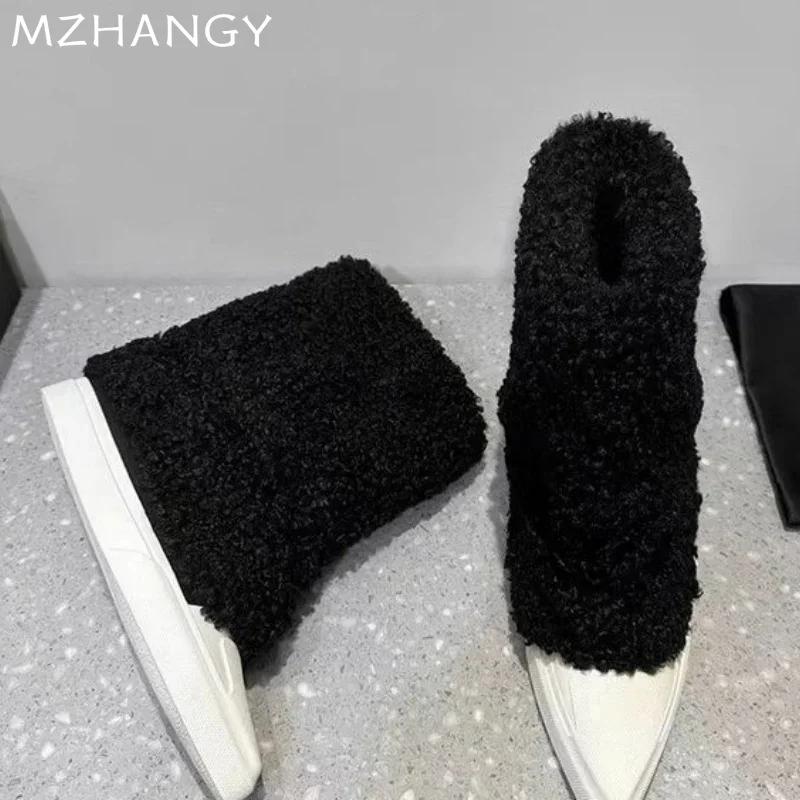 Модные женские ботильоны с острым носком на меху на плоской подошве, дизайнерские плюшевые туфли для женщин, тренд 2025 года, готические ботинки челси, зимние новые женские зимние ботинки