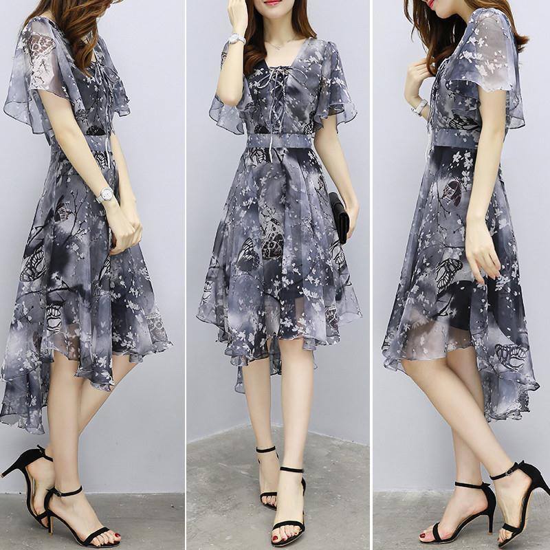 Women Chiffon Print Dress Spring Office Lady V-Neck Flare Sleeve Slim Knee-Length Female Summer Clothes