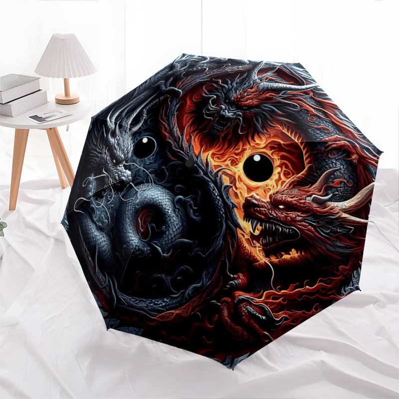 1pc The Epic Battle of Red and Black Dragons Pattern Automatic 3-Fold Umbrella, 8 Iron Frames, High-Value Folding Umbrella, Suitable for Office,